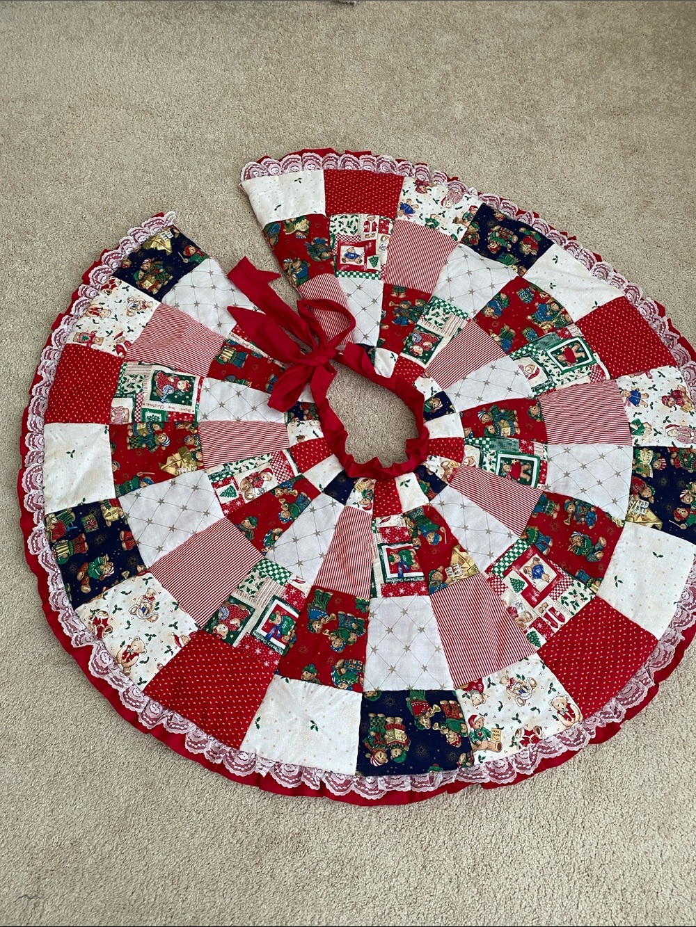 Vintage Handmade Patchwork Christmas Tree Skirt in Red, Green, White